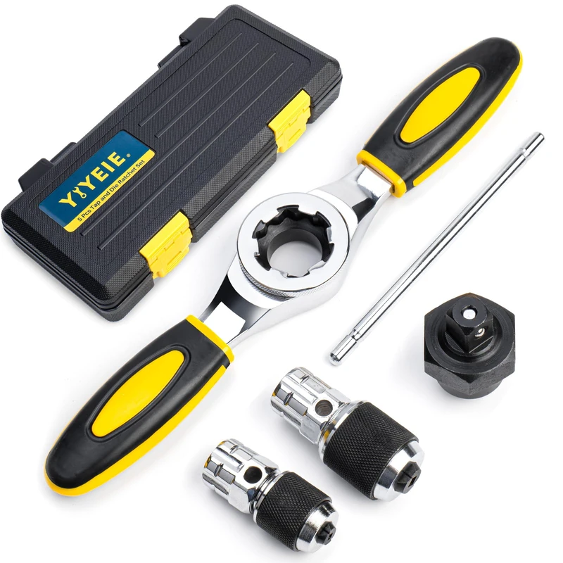 YIYEIE Ratcheting Tap and Die Handle, 5PC Tap Handle Tool with Ratchet Tap Socket, Extendable T-Handle Tap Wrenches Set