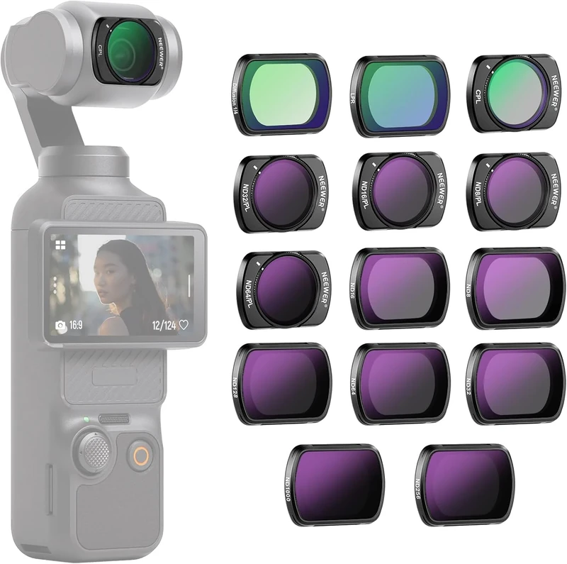 NEEWER Magnetic ND & CPL & Effect Filter Set Compatible with DJI OSMO Pocket 3, 14 Pack CPL ND8/16/32/64/128/256/1000 ND8/PL ND16/PL ND32/PL ND64/PL Light Pollution Reduction, Black Diffusion 1/4