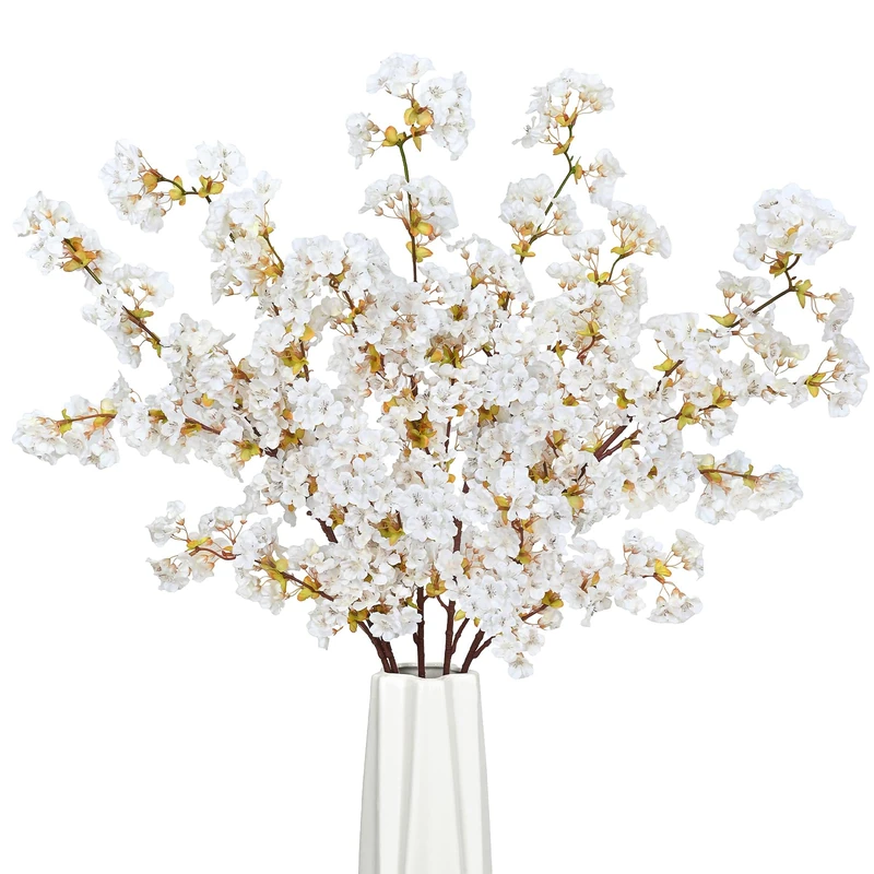 Sunm Boutique Silk Cherry Blossom Branches, Artificial Cherry Blossom Tree Stems Faux Cherry Flowers Vase Arrangements for Wedding Home Decor, Set of 5