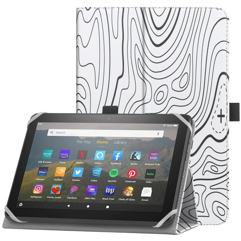 HoYiXi Universal Case for 7-8 inch Tablet Fire HD 8/Fire HD 8 Plus with Stand Folio and Hand Strap Protective Cover for 7"-8" Samsung/Lenovo Tab M8 8 inch Android Tablet -Mountain white