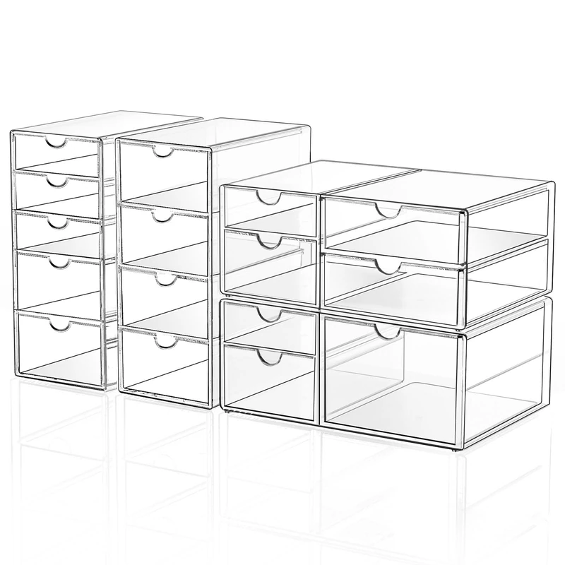 Makeup Drawer Storage Organizer with 16 Drawers, 4 Set Acrylic Office Desk Organization and Storage, Dustproof Drawer Organizer for Makeup, Office, Countertop, Jewelry, Pen, Desktop, Bathroom, Bedroom