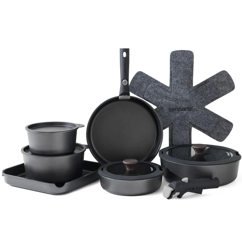 SENSARTE 17 Piece Pots and Pans Set, Nonstick Detachable Handle Cookware, Induction Kitchen Cookware Set with Removable Handle, Healthy Non Stick RV Cookware, Oven Safe (Black)