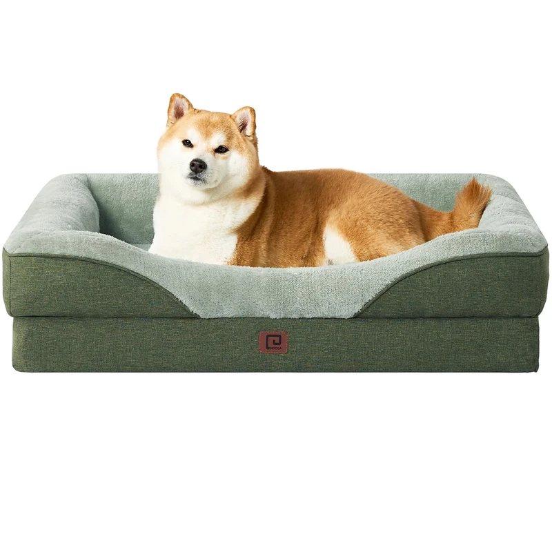 EHEYCIGA Memory Foam Dog Beds Large, Orthopedic Dog Beds Sofa with Sides and Waterproof Liner, Pet Couch with Washable Removable Cover and Non-Slip Bottom, 91x68x17cm, Green