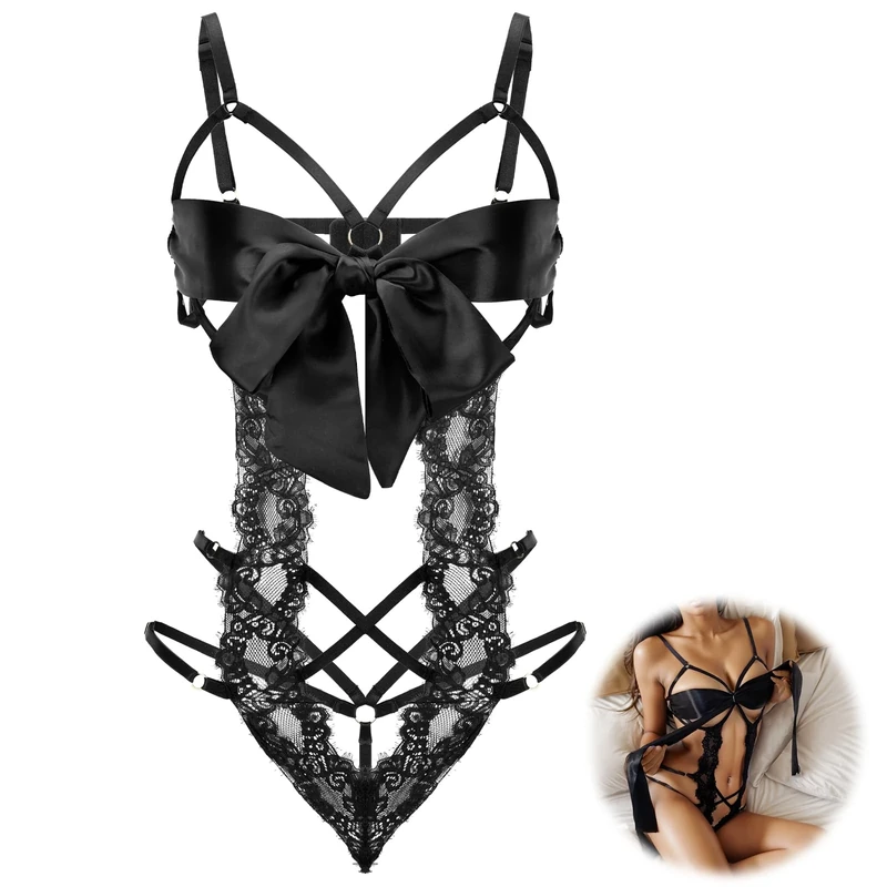 Telooco Sexy Lingerie for Women Lace Bodysuit One Piece Teddy Underwear Unwrap Me Bownot Lingerie (Black)