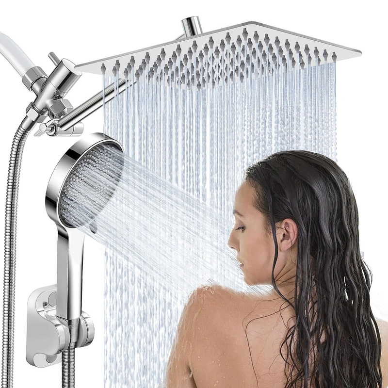 Shower Head, 10" Rain Shower Head with Hand Spray Combination and Adjustable Extension Arm/3 Way Flow Controller/Shower System, High Pressure Rain Shower Hose, Chrome