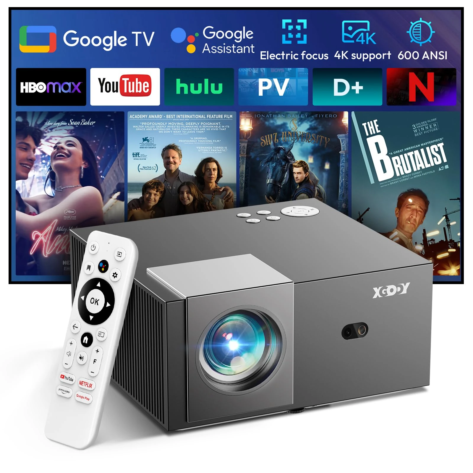 Google TV & Hotkey RemoteXGODY Sail2 Projector for Bedroom 4K Supported, 600ANSI Native 1080P Full HD, Electric Focus, Auto Keystone,Google Assistant, Dual WiFi, Bluetooth 5.2 for Home Cinema