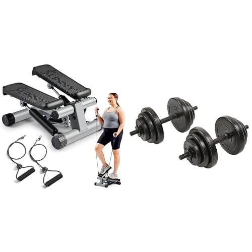Bundle of Sunny Health & Fitness Mini Stepper Machine with Resistance Bands- NO. 012-S + Sunny Health & Fitness Exercise Vinyl 40 Lb Dumbbell Set Hand Weights for Strength Training, NO.087