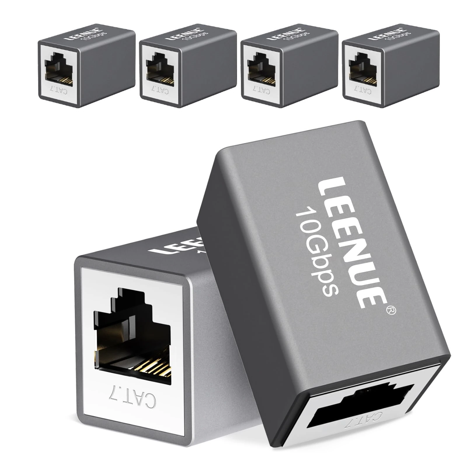 LEENUE RJ45 Coupler Female to Female, Gold-pated Ethernet Connector, Shielded Ethernet Coupler for Cat7/ Cat6/ Cat5/ Cat5e Network Cable POE, 10Gbps/600MHZ, Silver Grey 6 Pack