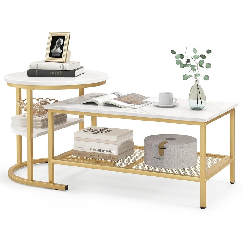 CASART Nesting Tables Set of 2, Space Saving Coffee Table with Marble Tabletop, Mesh Shelf & Adjustable Foot Pads, Metal Frame Stackable Side Tea Table for Living Room Bedroom Office (Gold + White) - Image 1