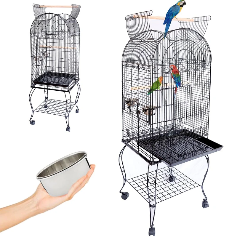 BAKAJI Aviary Cage for Birds, Inseparable Parrots, Parakeets, Birds with Trolley and Openable Roof in Metal and Black Wood Cage with Perches and Wheels with Block, 59 x 59 x 150 cm
