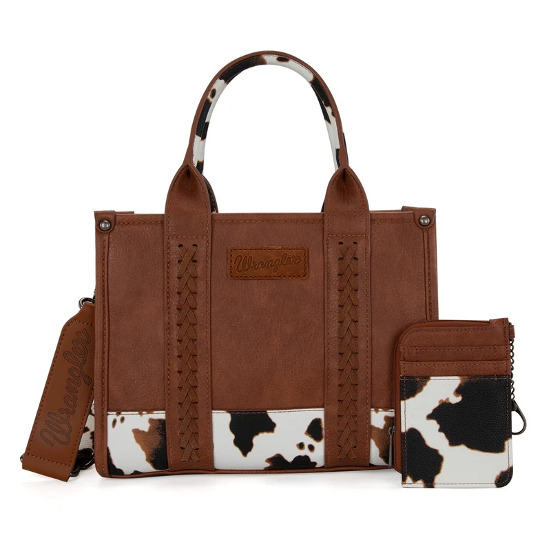 Wrangler Tote Bag Sets for Women 2Pcs Handbags and Card Wallet Designer Satchel Purses, A-cow Print Brown, M