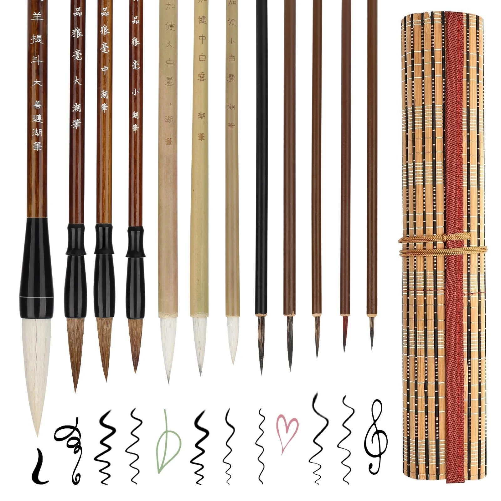 EEEKit 12PCS Chinese Calligraphy Brush Set, Mixed Size Japanese Kanji Sumi Brush for Beginner, Art Ink Painting Watercolor Brushes with Roll-up Brushes Holder