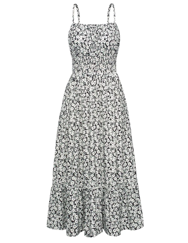 GRACE KARIN Womens 2024 Summer Maxi Dress Casual Sleeveless Spaghetti Strap Smocked Ruffle Long Dress with Pockets, Black White Foral, S