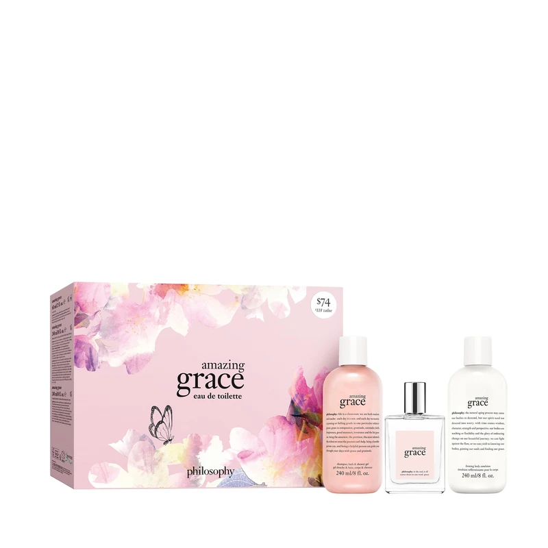 Philosophy 3 Piece Amazing Grace Eau de Toilette Collection Giftset including an Eau de Toilette 60ml, Shower Gel, Shampoo, Bubble Bath 230ml, and Firming Body Emulsion 230ml