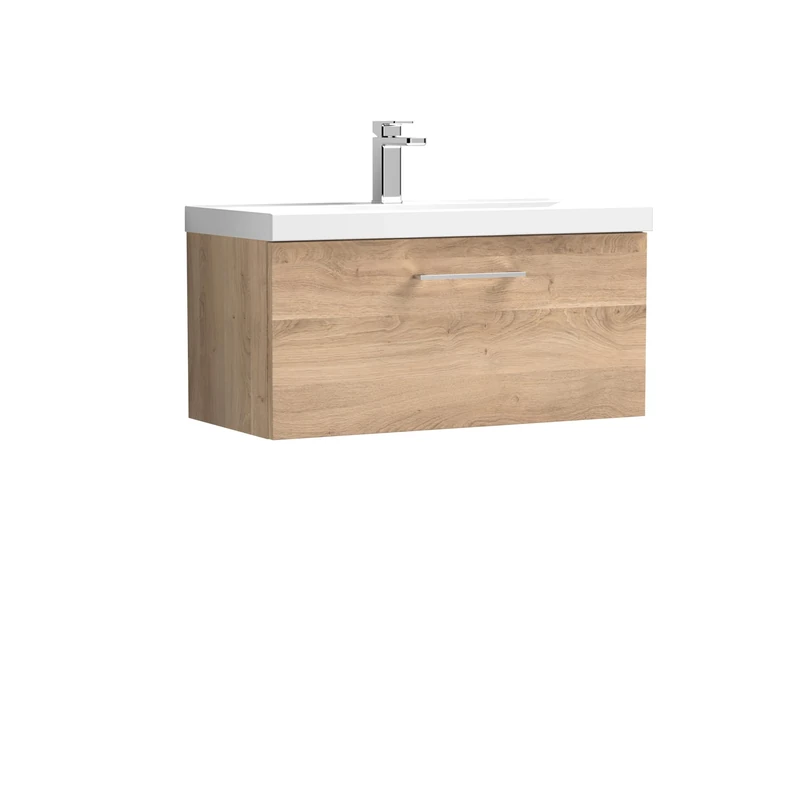 nuie ARN3025D Arno Modern Bathroom Wall Hung 1 Soft Close Drawer Vanity Unit and Thin-Edge Basin, 800mm, Bleached Oak Woodgrain
