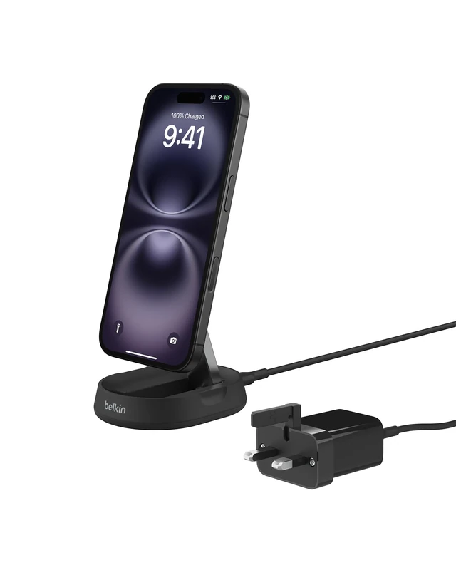 Belkin BoostCharge Pro 15W convertible magnetic wireless charging stand, MagSafe compatible fast Qi2 wireless charger, fast charger for iPhone 17/16/15, Air, AirPods, PixelSnap, 20W plug incl. - Black