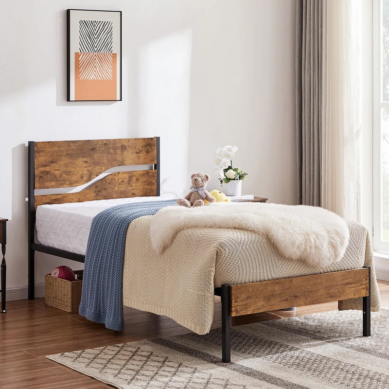 VECELO Single Bed Frame with Wood Headboard, Wooden Metal Platform Bed Frame, No Box Spring Needed, Heavy Duty Slat Support, Easy Assembly