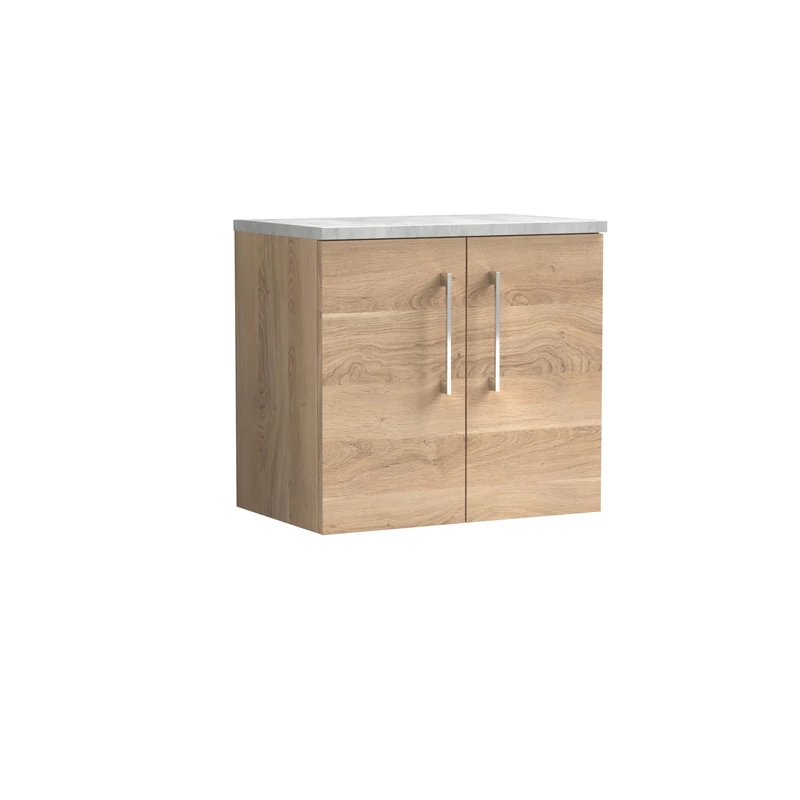 nuie ARN3023LBG Arno Modern Bathroom Wall Hung 2 Soft Close Door Vanity Unit and Bellato Grey Laminate Worktop, 600mm, Bleached Oak Woodgrain