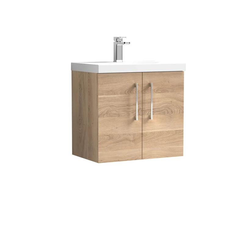 nuie ARN3023A Arno Modern Bathroom Wall Hung 2 Soft Close Door Vanity Unit and Mid-Edge Basin, 600mm, Bleached Oak Woodgrain