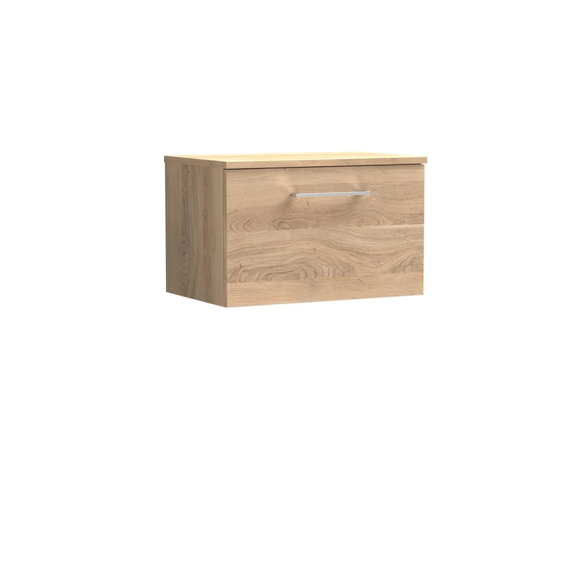 nuie ARN3022W Arno Modern Bathroom Wall Hung 1 Soft Close Drawer Vanity Unit and Colour Coordinating Worktop, 600mm, Bleached Oak Woodgrain