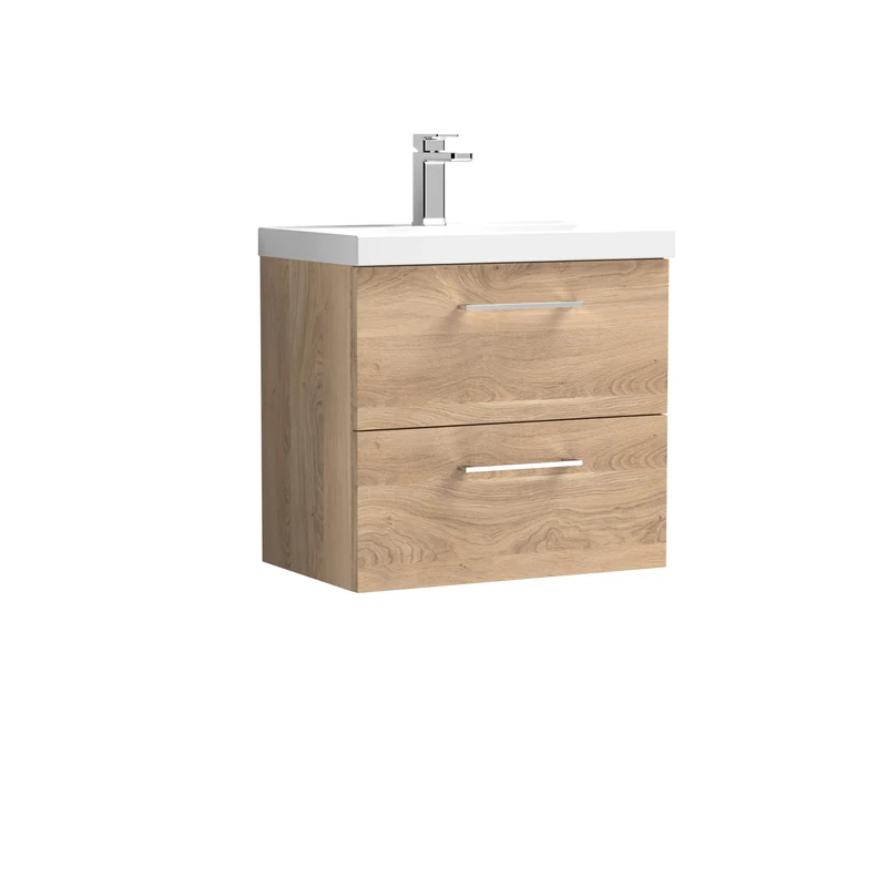 nuie ARN3024A Arno Modern Bathroom Wall Hung 2 Soft Close Drawer Vanity Unit and Mid-Edge Basin, 600mm, Bleached Oak Woodgrain