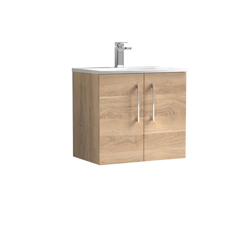 nuie ARN3023G Arno Modern Bathroom Wall Hung 2 Soft Close Door Vanity Unit and Curved Basin, 600mm, Bleached Oak Woodgrain