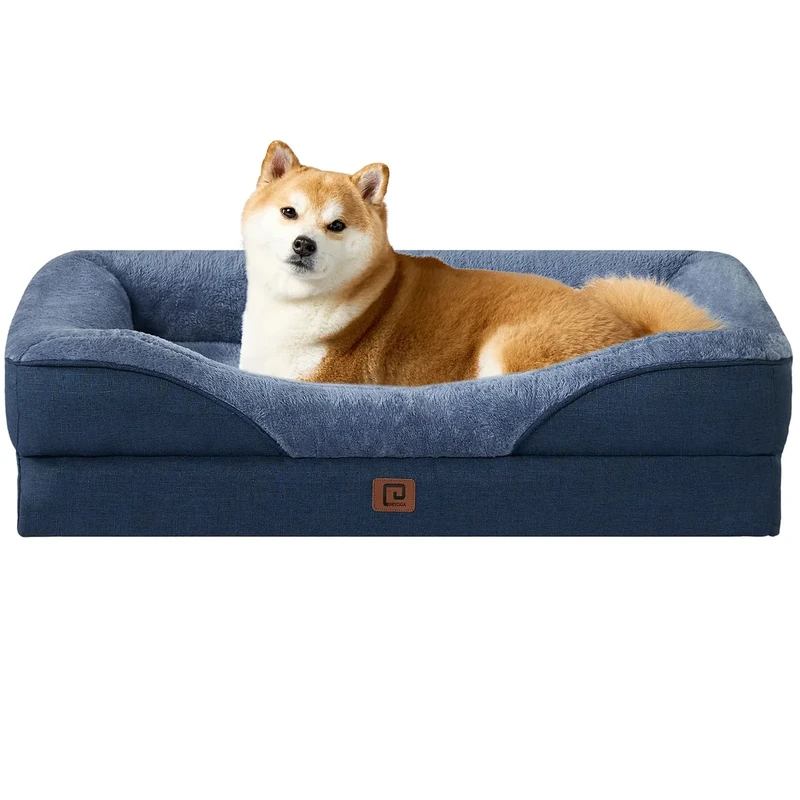 EHEYCIGA Memory Foam Dog Beds Large, Orthopedic Dog Beds Sofa with Sides and Waterproof Liner, Pet Couch with Washable Removable Cover and Non-Slip Bottom, 91x68x17cm, Navy Blue