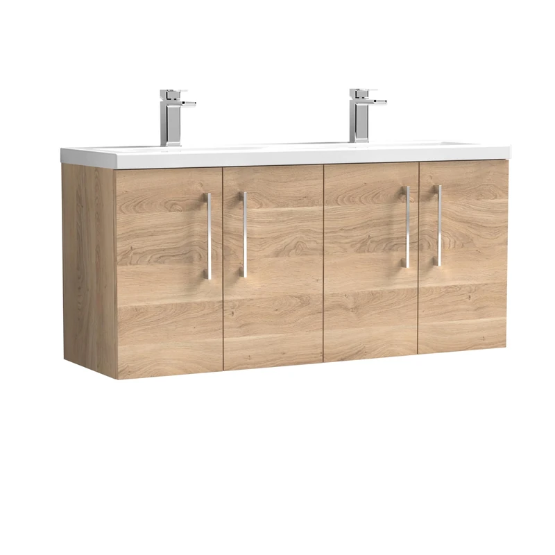 nuie ARN3023F Arno Modern Bathroom Wall Hung 4 Soft Close Door Vanity Unit and Double Ceramic Basin, 1200mm, Bleached Oak Woodgrain