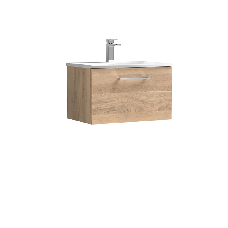 nuie ARN3022G Arno Modern Bathroom Wall Hung 1 Soft Close Drawer Vanity Unit and Curved Basin, 600mm, Bleached Oak Woodgrain