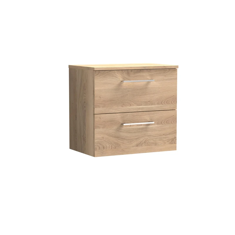 nuie ARN3024W Arno Modern Bathroom Wall Hung 2 Soft Close Drawer Vanity Unit and Colour Coordinating Worktop, 600mm, Bleached Oak Woodgrain
