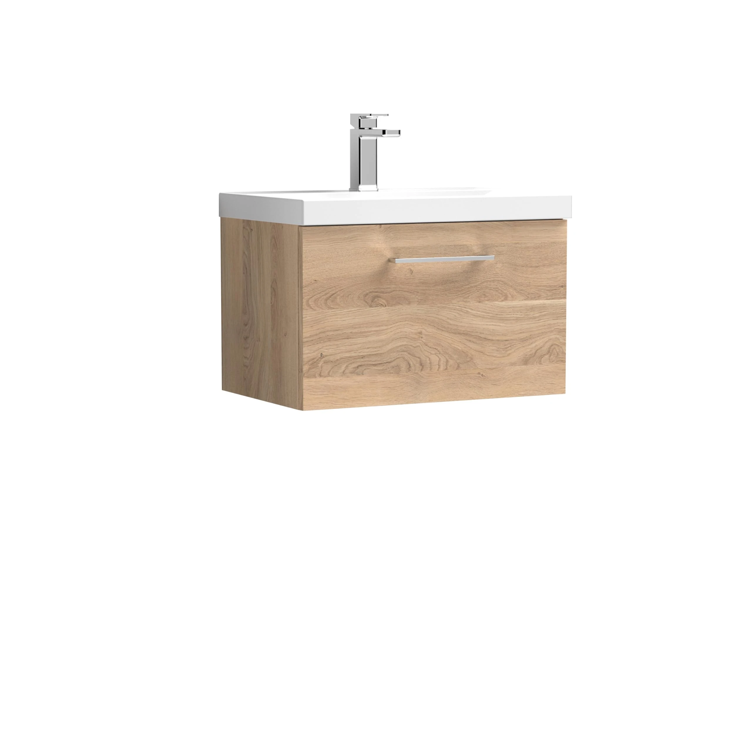 nuie ARN3022A Arno Modern Bathroom Wall Hung 1 Soft Close Drawer Vanity Unit and Mid-Edge Basin, 600mm, Bleached Oak Woodgrain