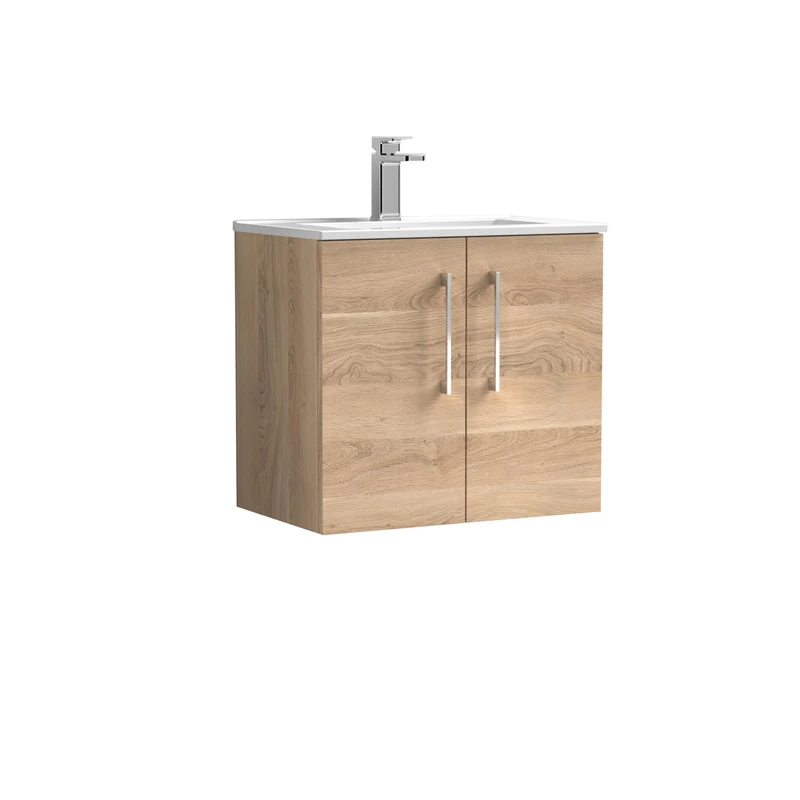 nuie ARN3023B Arno Modern Bathroom Wall Hung 2 Soft Close Door Vanity Unit and Minimalist Basin, 600mm, Bleached Oak Woodgrain