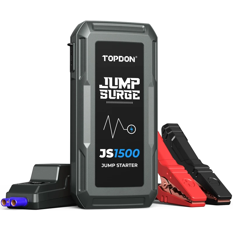 TOPDON Jump Starter JS1500, 1500A/10000mAh Battery Booster for Up to 6.5L Gas/4.0L Diesel Engines, Portable Power Pack with Jumper Cable/LED Flashlight