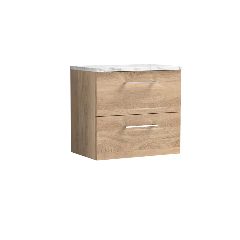 nuie ARN3024LCM Arno Modern Bathroom Wall Hung 2 Soft Close Drawer Vanity Unit and Carrera Marble Laminate Worktop, 600mm, Bleached Oak Woodgrain