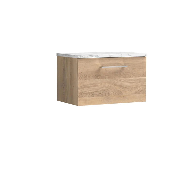 nuie ARN3022LCM Arno Modern Bathroom Wall Hung 1 Soft Close Drawer Vanity Unit and Carrera Marble Laminate Worktop, 600mm, Bleached Oak Woodgrain