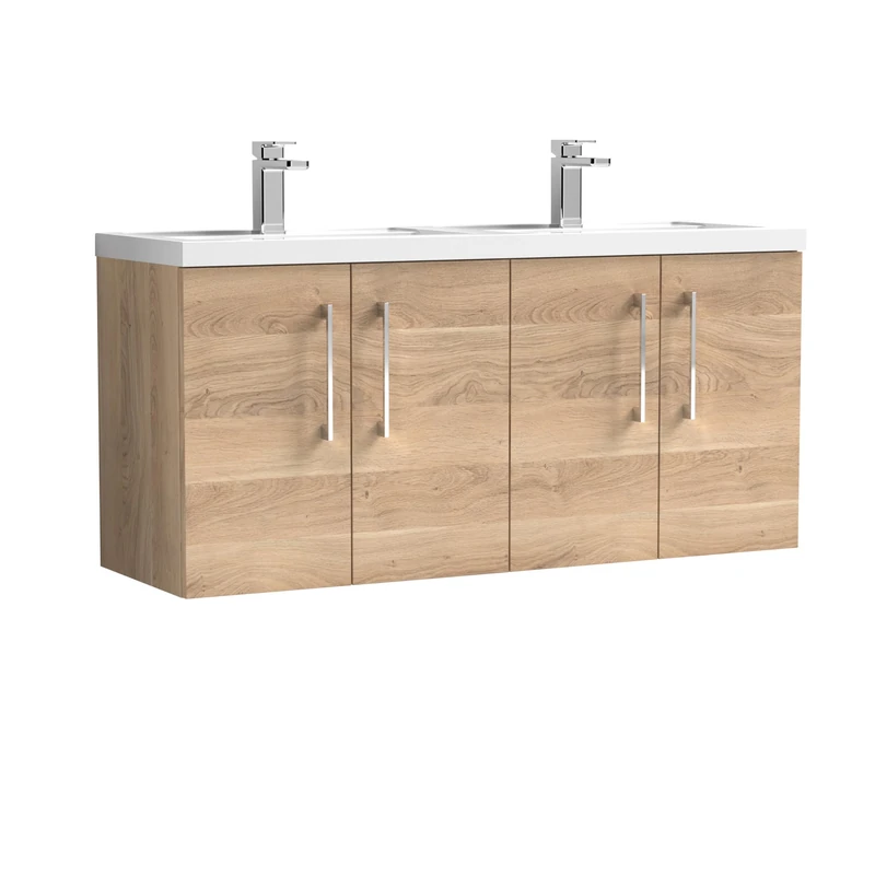 nuie ARN3023C Arno Modern Bathroom Wall Hung 4 Soft Close Door Vanity Unit and Double Polymarble Basin, 1200mm, Bleached Oak Woodgrain