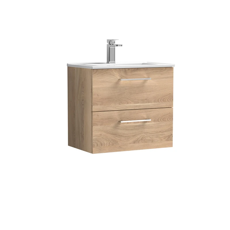 nuie ARN3024B Arno Modern Bathroom Wall Hung 2 Soft Close Drawer Vanity Unit and Minimalist Basin, 600mm, Bleached Oak Woodgrain