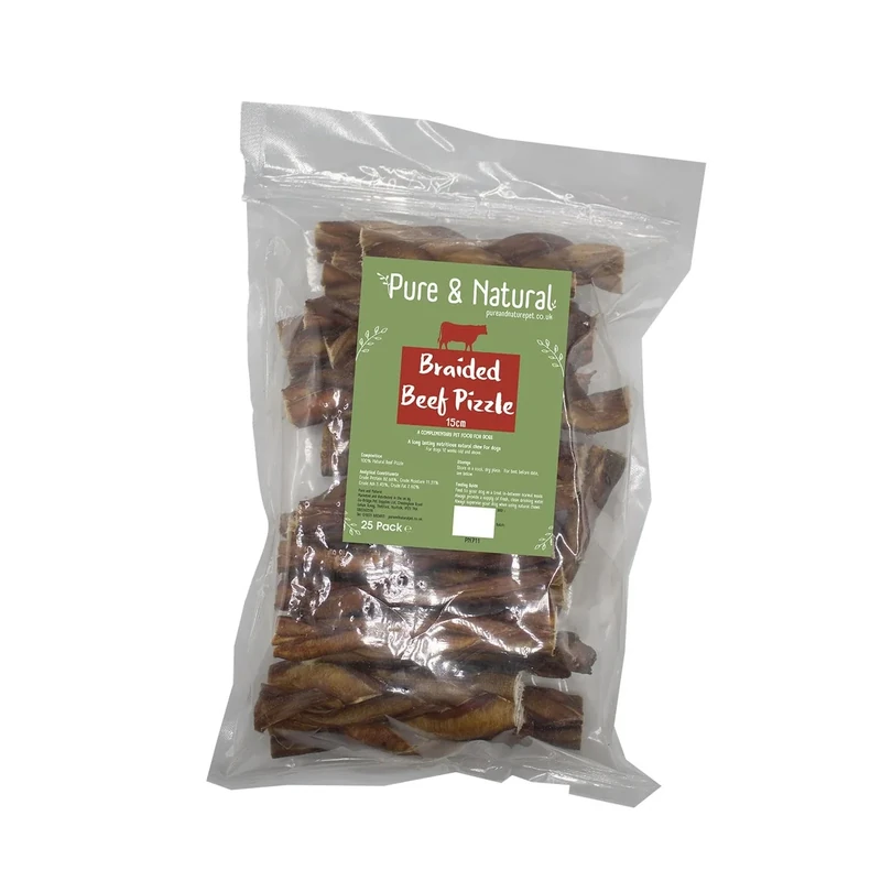Pure & Natural Braided Bull Pizzle Sticks for Dogs - Natural Dog Chews & Bully Sticks, Hypoallergenic, Low-Fat, Dog Treats 15cm (Pack of 25)