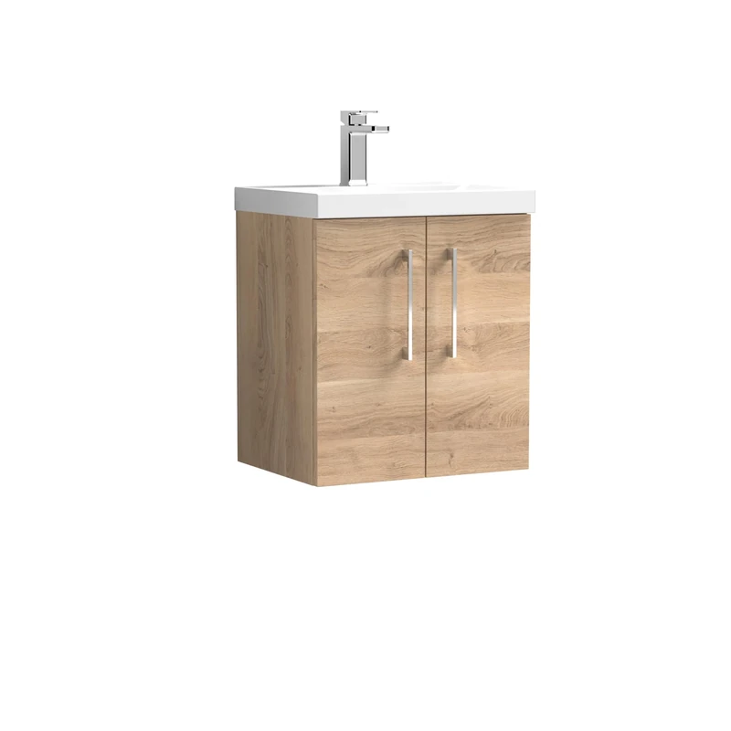 nuie ARN3021D Arno Modern Bathroom Wall Hung 2 Soft Close Door Vanity Unit and Thin-Edge Basin, 500mm, Bleached Oak Woodgrain