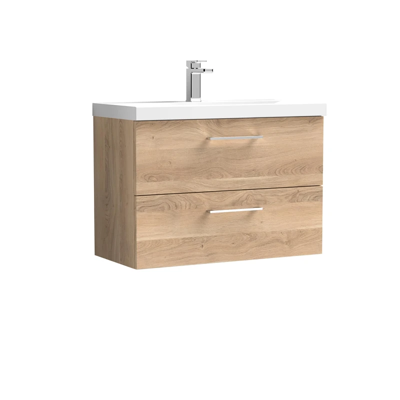nuie ARN3026A Arno Modern Bathroom Wall Hung 2 Soft Close Drawer Vanity Unit and Mid-Edge Basin, 800mm, Bleached Oak Woodgrain