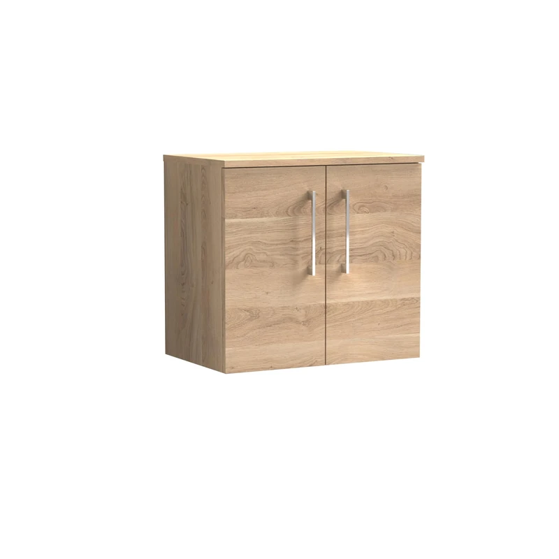 nuie ARN3023W Arno Modern Bathroom Wall Hung 2 Soft Close Door Vanity Unit and Colour Coordinating Worktop, 600mm, Bleached Oak Woodgrain
