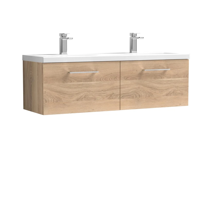 nuie ARN3022F Arno Modern Bathroom Wall Hung 2 Soft Close Drawer Vanity Unit and Double Ceramic Basin, 1200mm, Bleached Oak Woodgrain