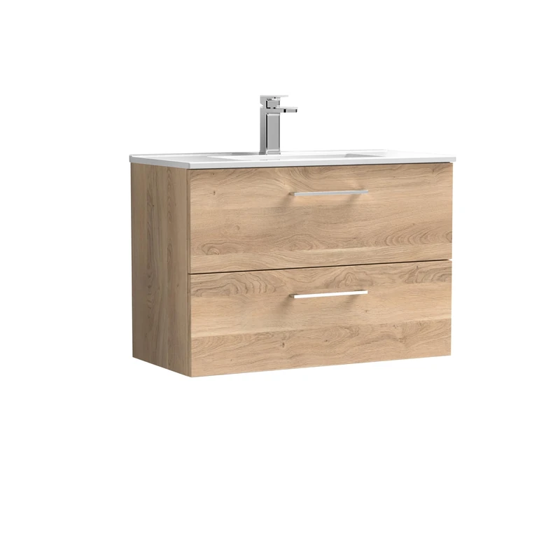 nuie ARN3026B Arno Modern Bathroom Wall Hung 2 Soft Close Drawer Vanity Unit and Minimalist Basin, 800mm, Bleached Oak Woodgrain