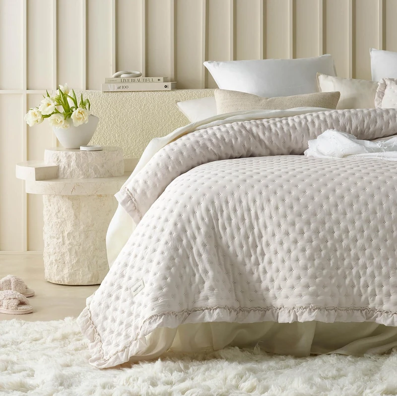 ROOM99 Molly Elegant Beige Bedspread 220 x 240 cm – Versatile as a Bed Throw or Sofa Throw, Quilted Style, Ideal as a Bedspread - Image 1