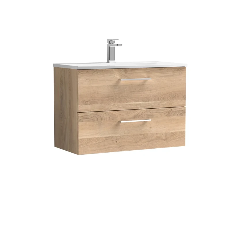 nuie ARN3026G Arno Modern Bathroom Wall Hung 2 Soft Close Drawer Vanity Unit and Curved Basin, 800mm, Bleached Oak Woodgrain