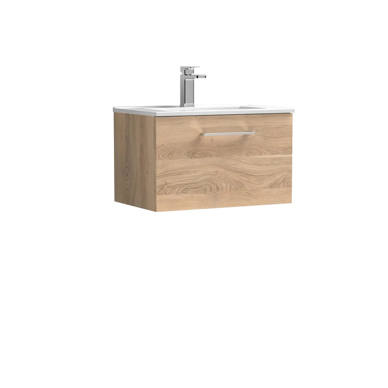 nuie ARN3022B Arno Modern Bathroom Wall Hung 1 Soft Close Drawer Vanity Unit and Minimalist Basin, 600mm, Bleached Oak Woodgrain