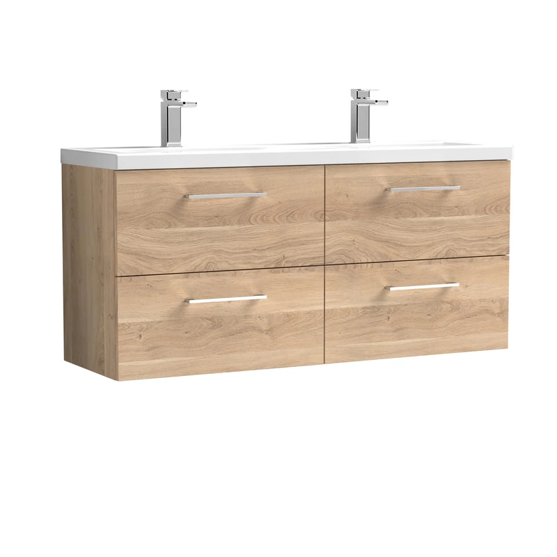 nuie ARN3024F Arno Modern Bathroom Wall Hung 4 Soft Close Drawer Vanity Unit and Double Ceramic Basin, 1200mm, Bleached Oak Woodgrain