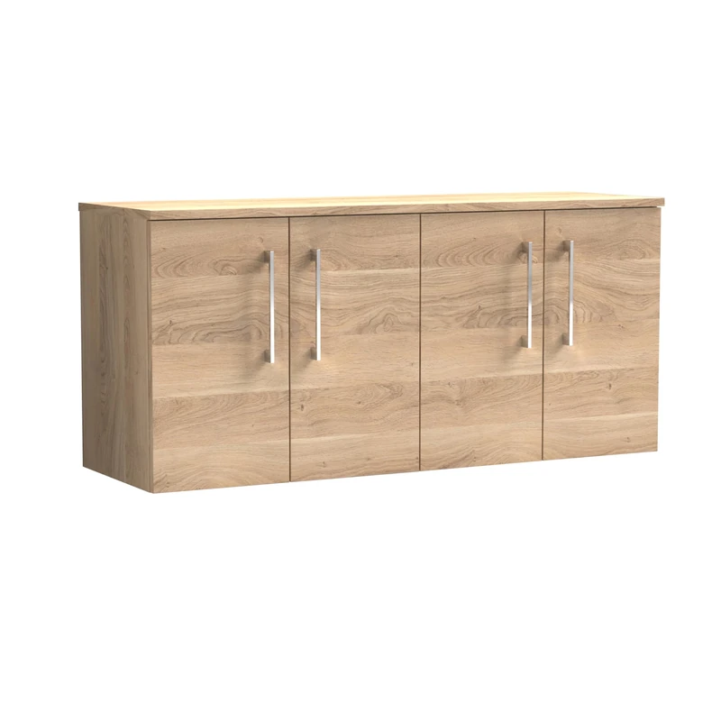 nuie ARN3023W2 Arno Modern Bathroom Wall Hung 4 Soft Close Door Vanity Unit and Colour Coordinating Worktop, 1200mm, Bleached Oak Woodgrain