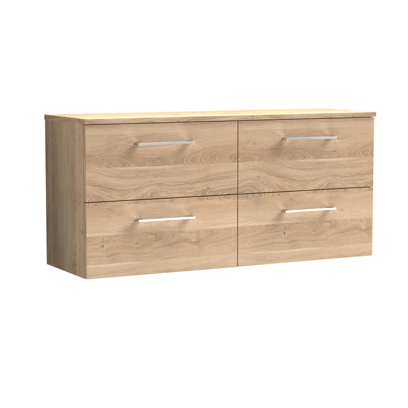 nuie ARN3024W2 Arno Modern Bathroom Wall Hung 4 Soft Close Drawer Vanity Unit and Colour Coordinating Worktop, 1200mm, Bleached Oak Woodgrain