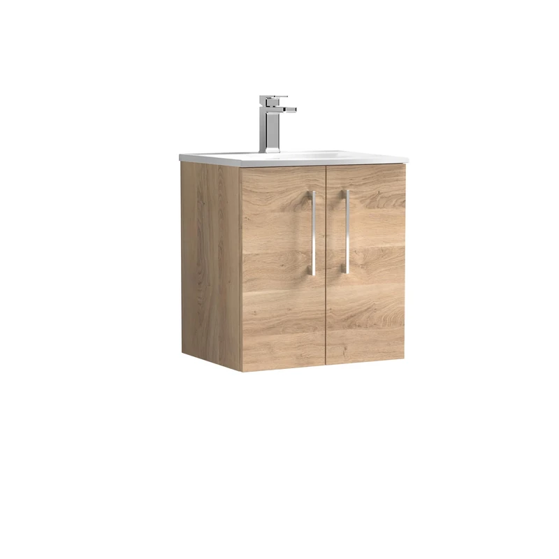 nuie ARN3021G Arno Modern Bathroom Wall Hung 2 Soft Close Door Vanity Unit and Curved Basin, 500mm, Bleached Oak Woodgrain